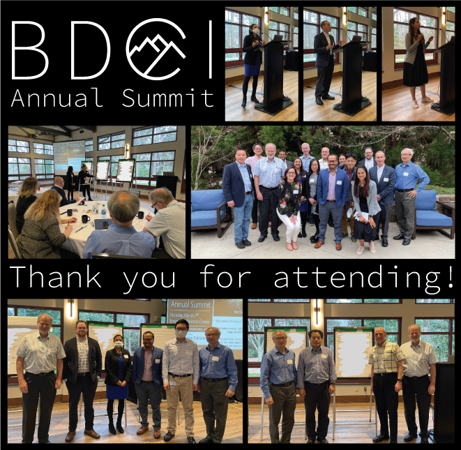 "BDCI Annual Summit: Thank you for attending" - A compilation of photos from the day's events, including: faculty speakers, a group photo outside, and our pitch session winners.